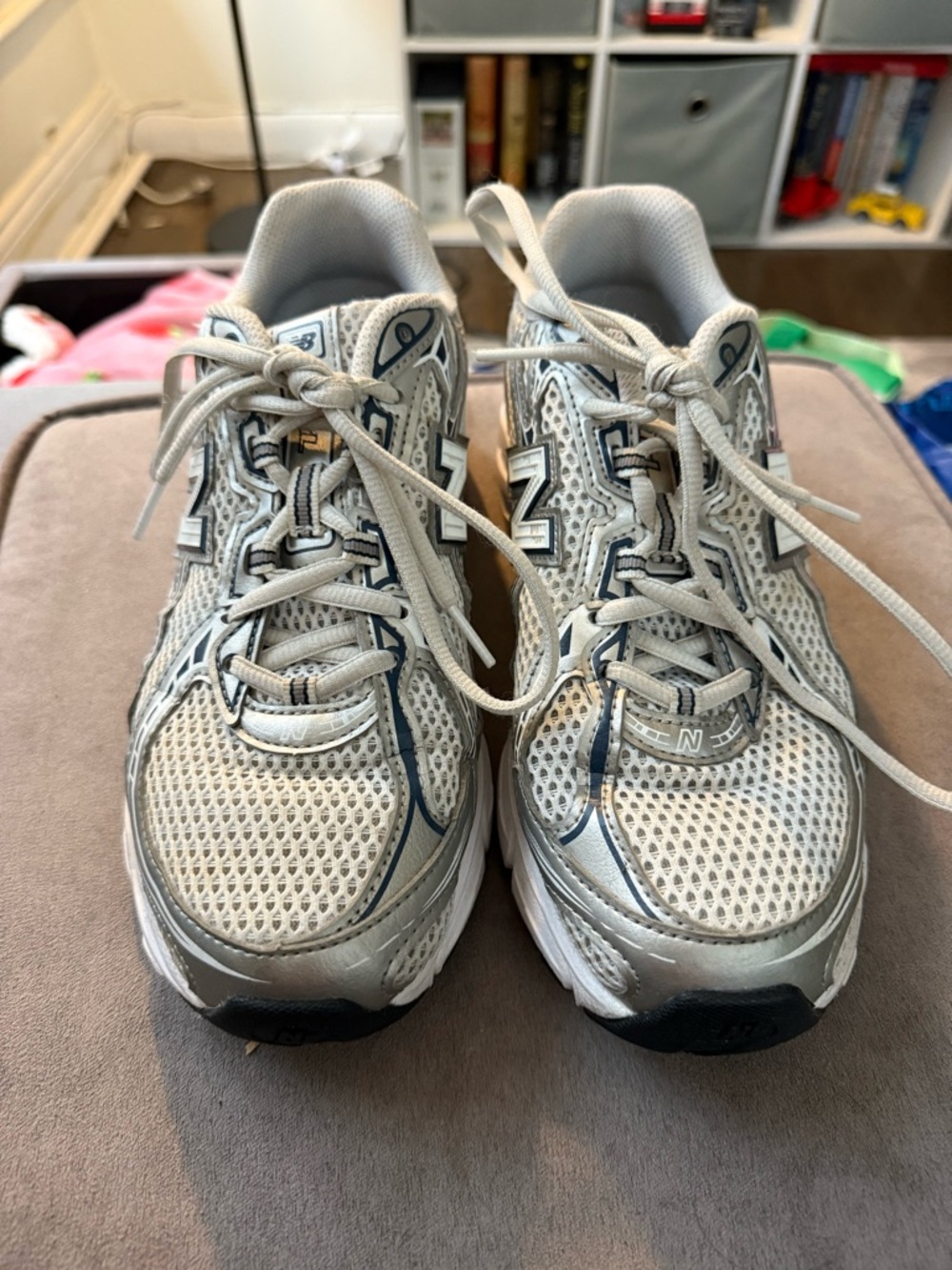 New Balance White and Silver Mesh Athletic Sneakers